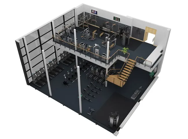 3D render of a two-floor gym with a cardio line along the windows, a strength mezzanine and an open functional floor